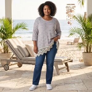 Faded Glory Striped Tunic Top Women's 2X Crochet Hem Boho Plus Size